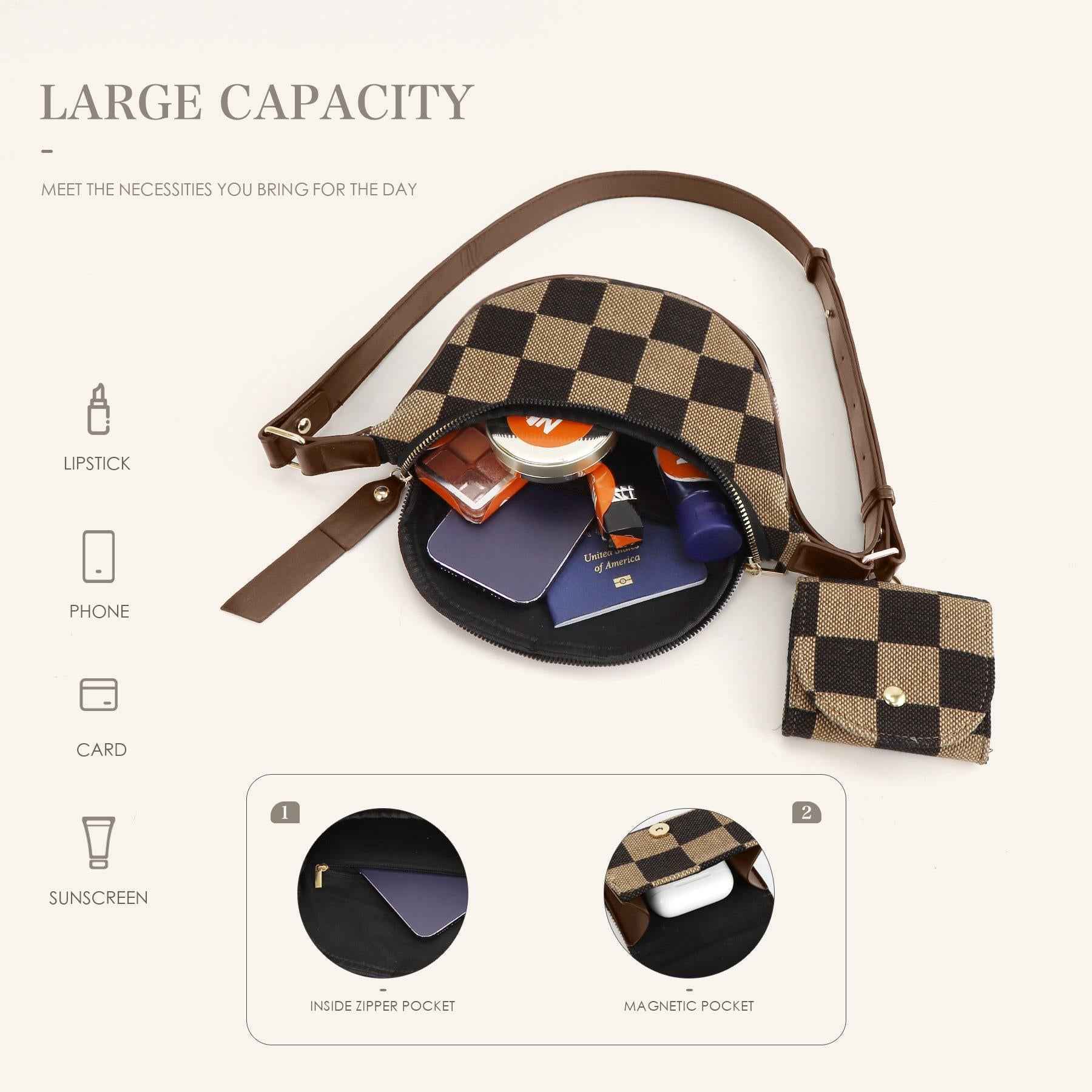 Checkerboard Canvas Crossbody Bag - 2-in-1 Compact Chest Bag & Fanny Pack for Everyday Commute