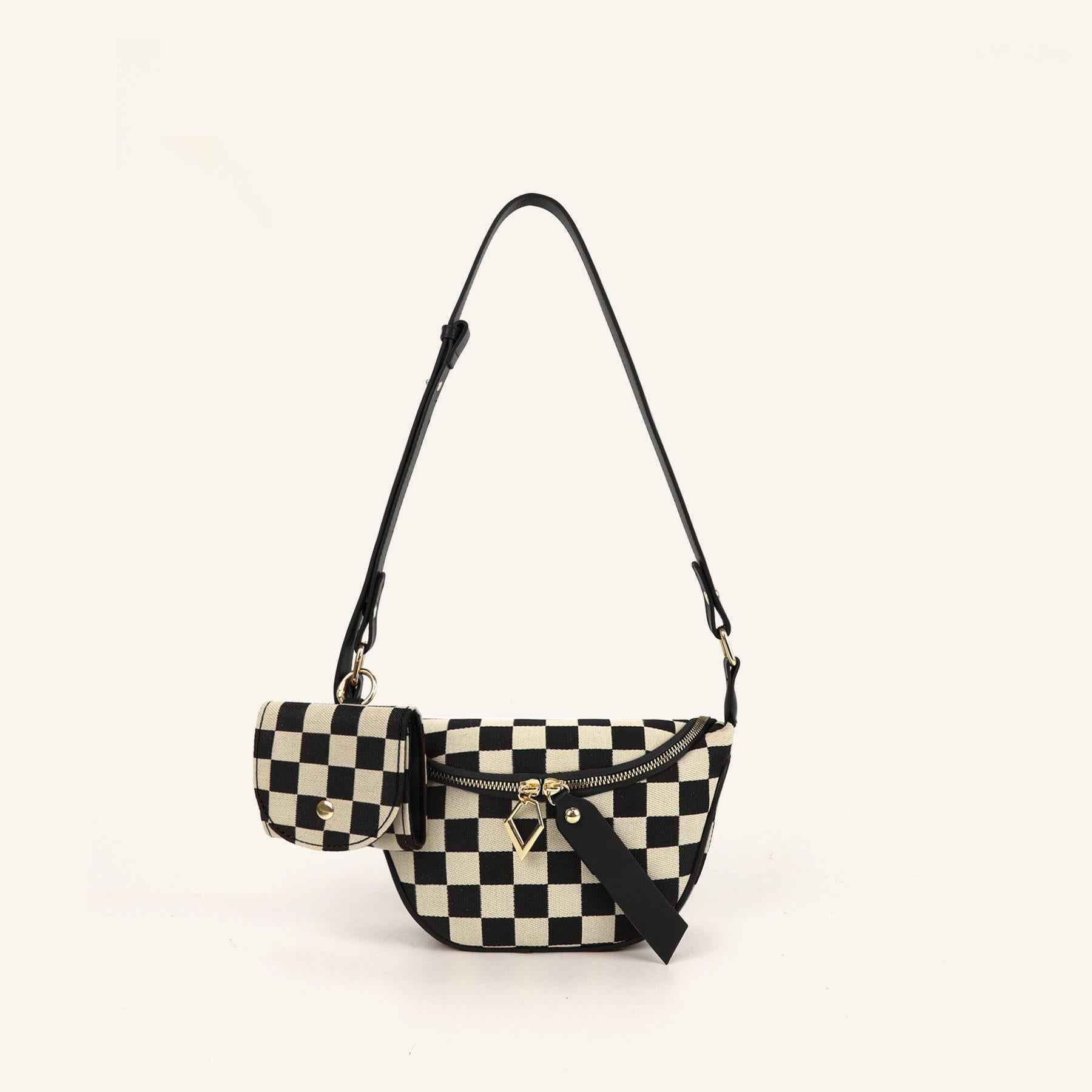Checkerboard Canvas Crossbody Bag - 2-in-1 Compact Chest Bag & Fanny Pack for Everyday Commute