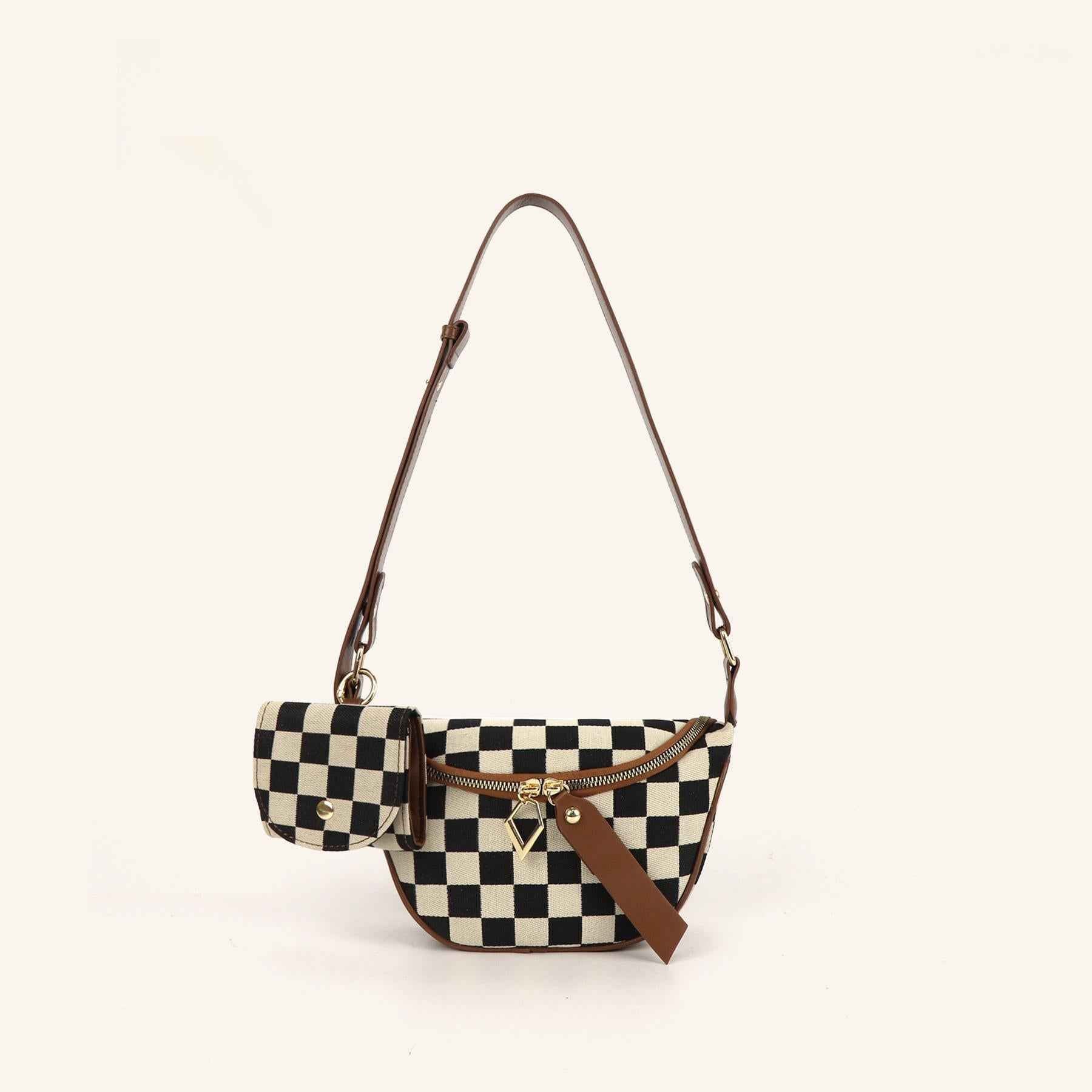 Checkerboard Canvas Crossbody Bag - 2-in-1 Compact Chest Bag & Fanny Pack for Everyday Commute