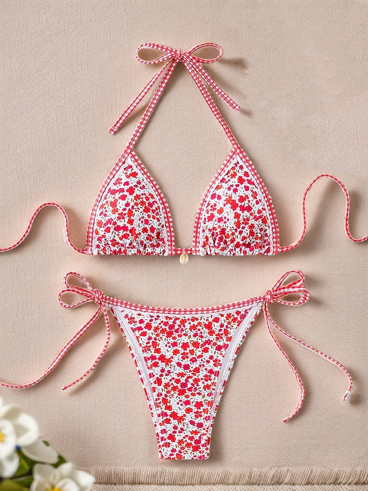 Contrasting Print Strap Sexy Bikini Split Swimsuit Batwing Short Sleeve Shirt W Plants Print