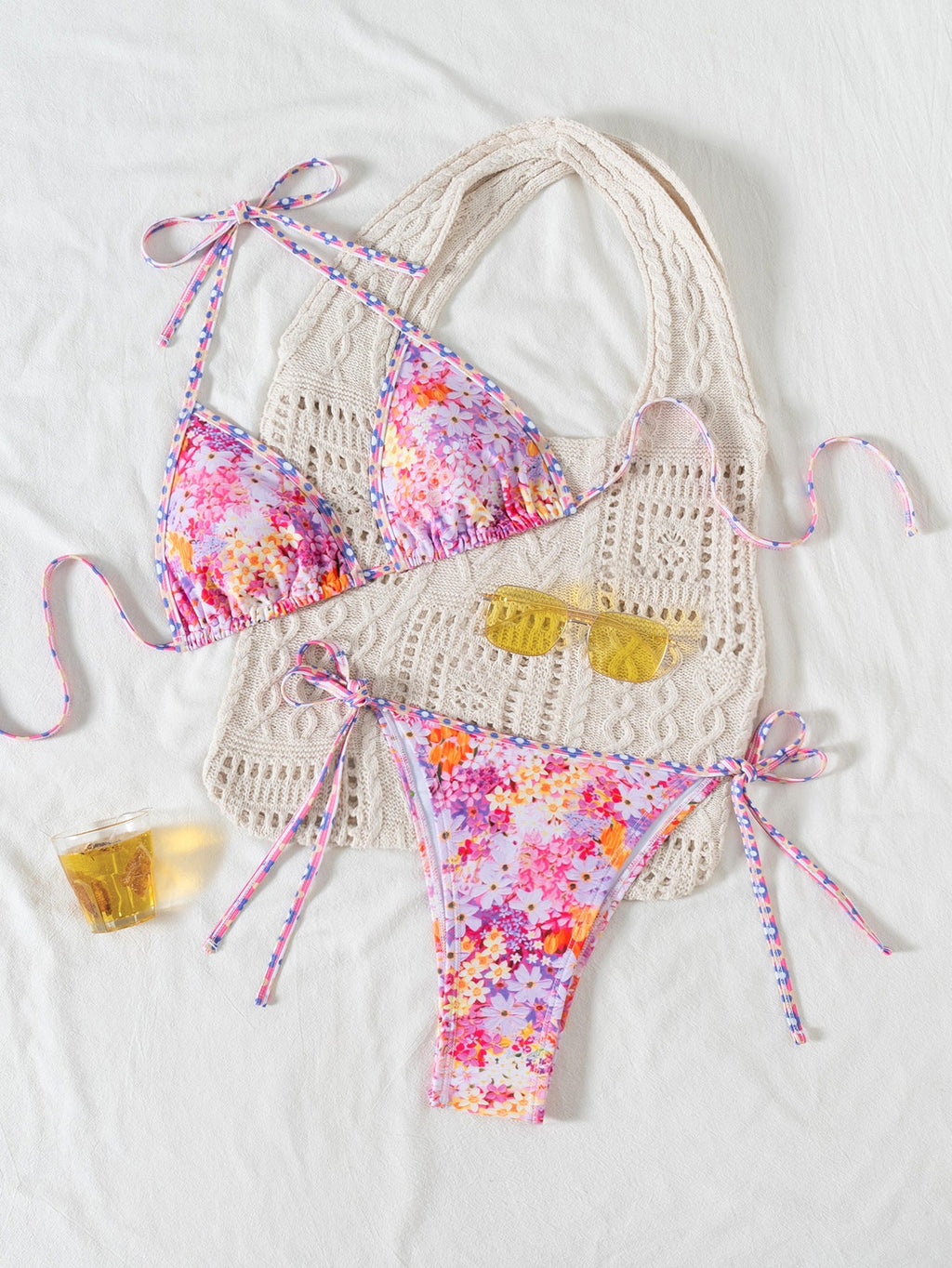 Contrasting Print Strap Sexy Bikini Split Swimsuit Batwing Short Sleeve Shirt W Plants Print