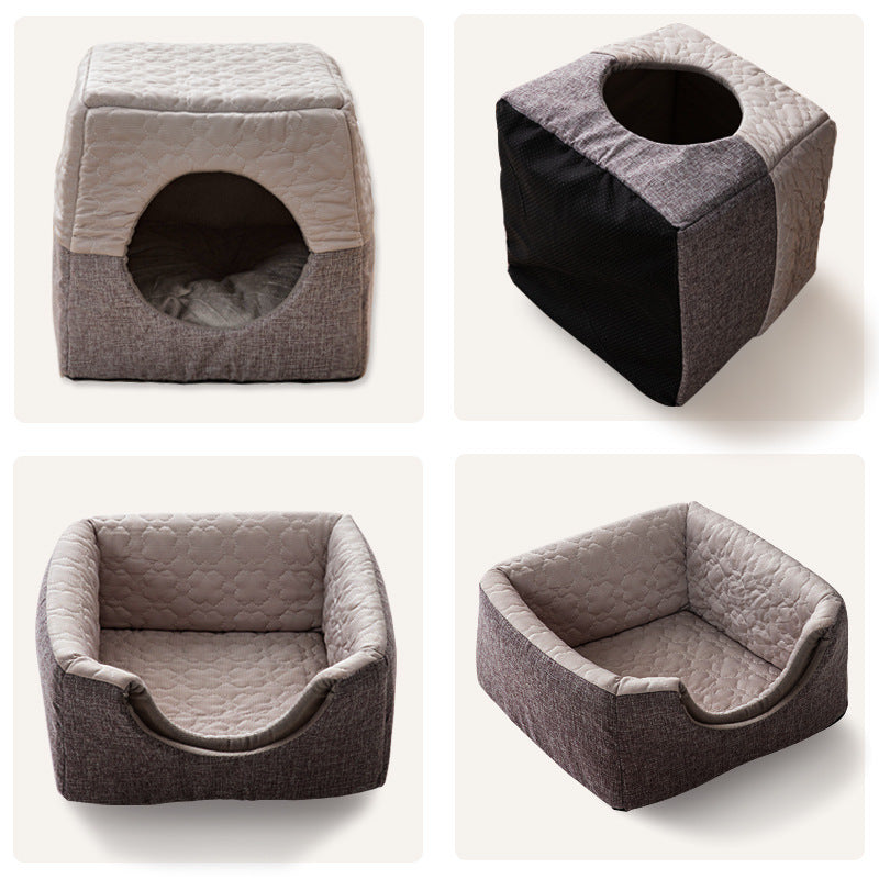 All-Season Semi-Enclosed Pet Bed - Warm Winter & Cool Summer Cat House for Small Dogs