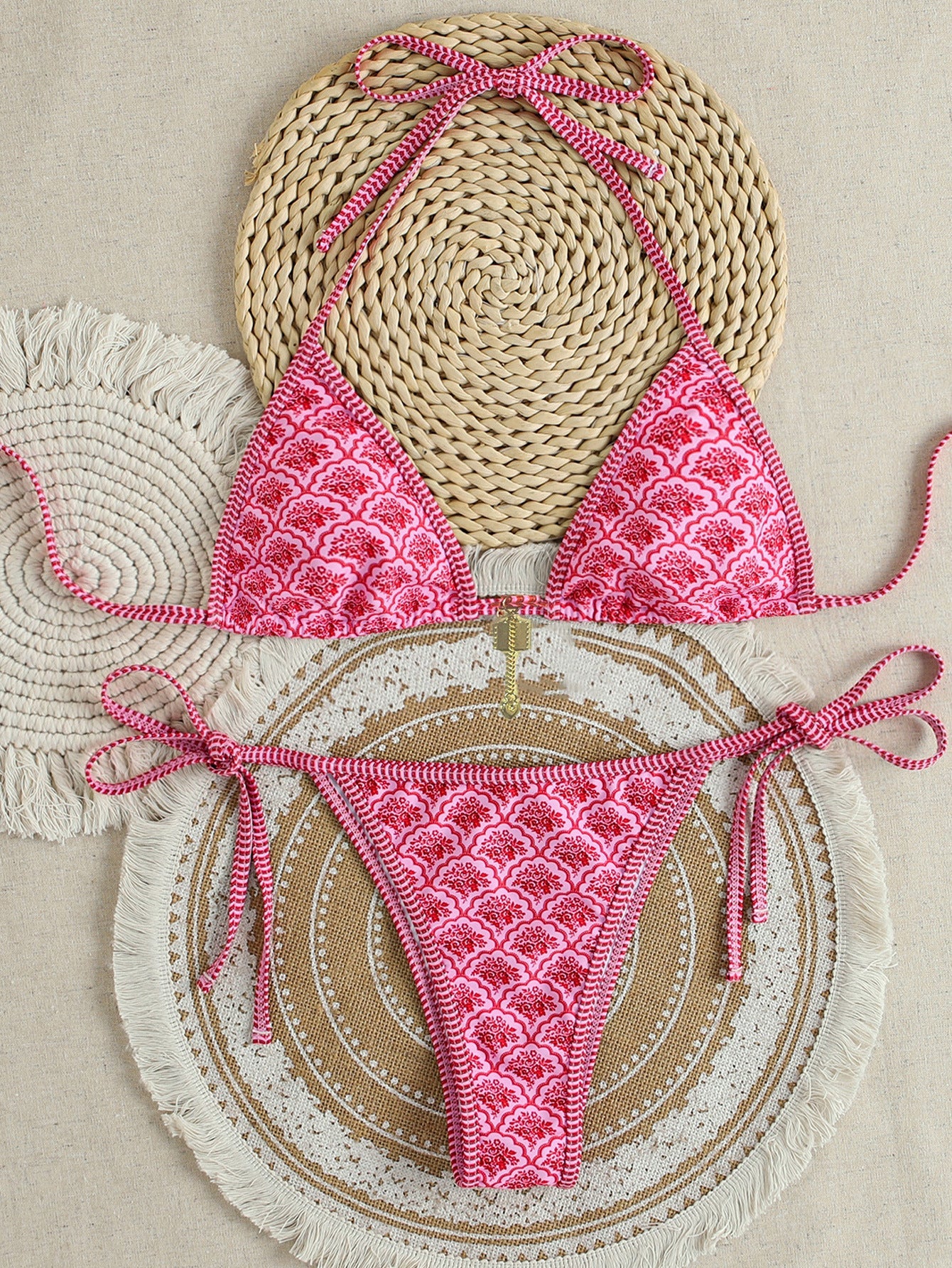 Contrasting Print Strap Sexy Bikini Split Swimsuit Batwing Short Sleeve Shirt W Plants Print