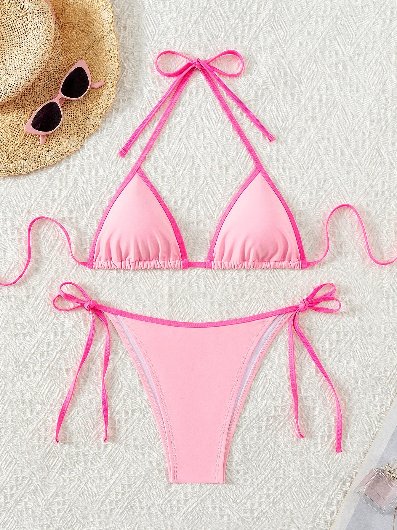 Contrasting Print Strap Sexy Bikini Split Swimsuit Batwing Short Sleeve Shirt W Plants Print