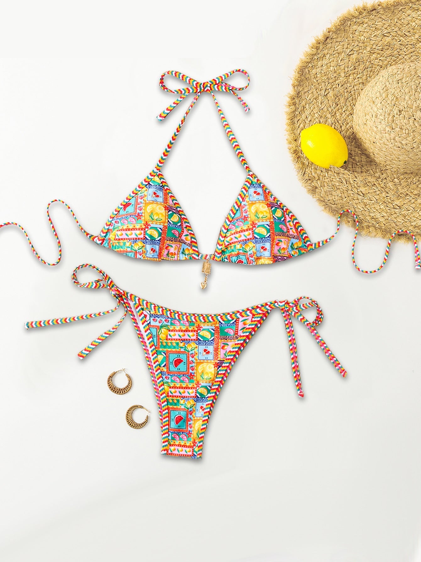 Contrasting Print Strap Sexy Bikini Split Swimsuit Batwing Short Sleeve Shirt W Plants Print