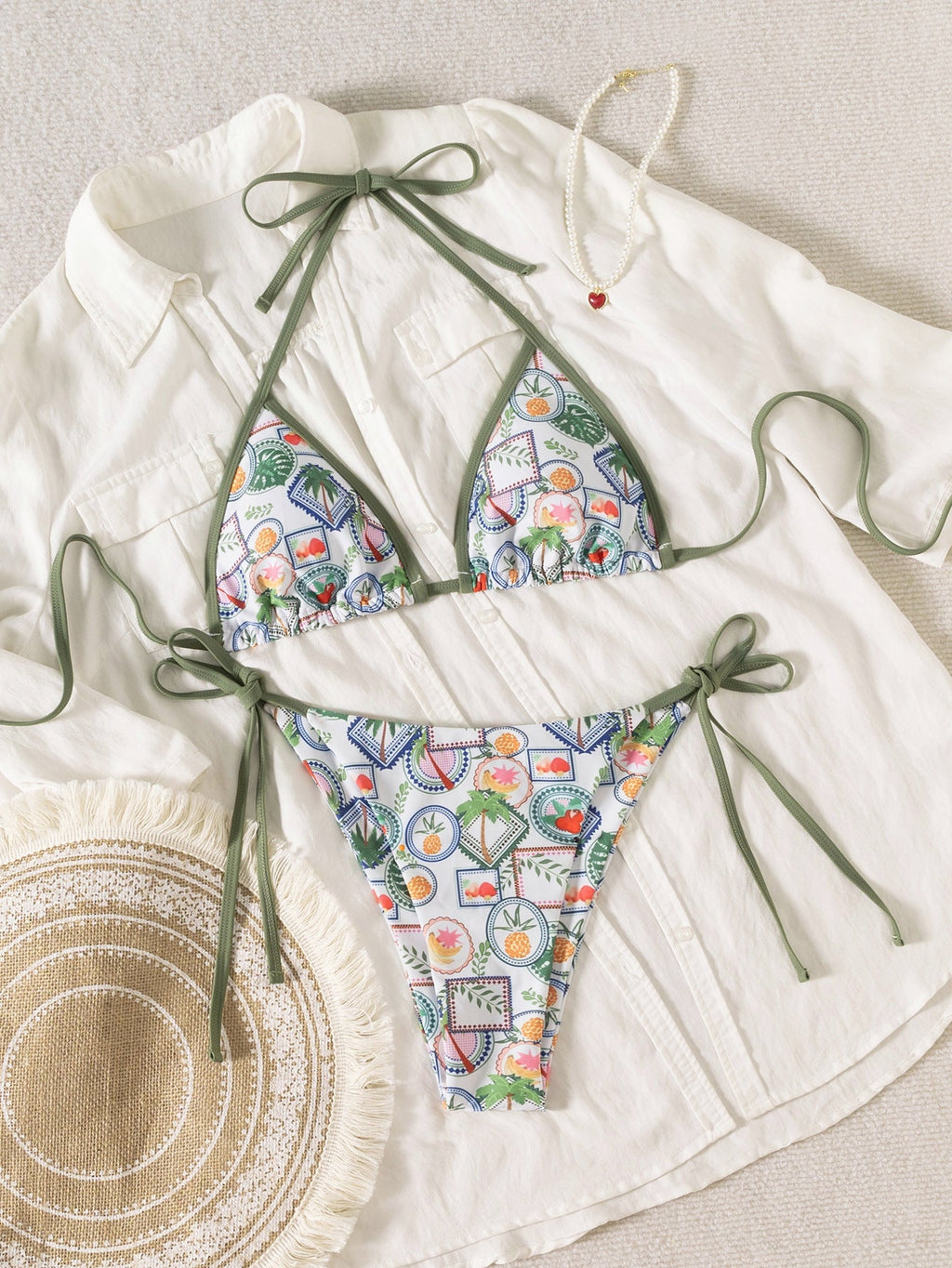 Contrasting Print Strap Sexy Bikini Split Swimsuit Batwing Short Sleeve Shirt W Plants Print