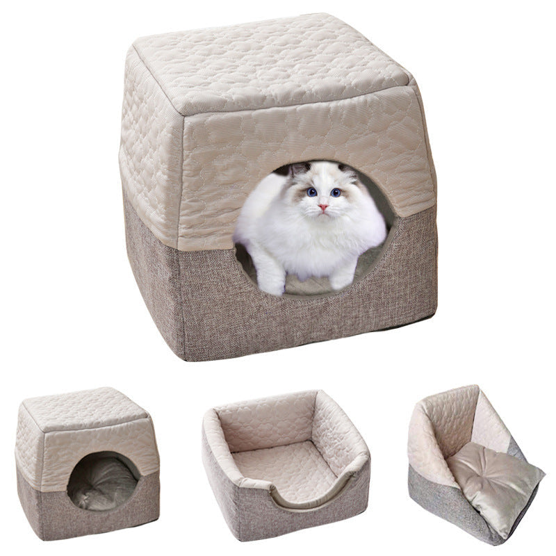 All-Season Semi-Enclosed Pet Bed - Warm Winter & Cool Summer Cat House for Small Dogs