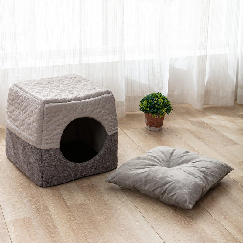 All-Season Semi-Enclosed Pet Bed - Warm Winter & Cool Summer Cat House for Small Dogs