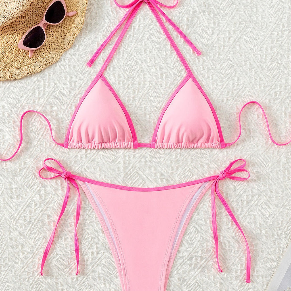 Contrasting Print Strap Sexy Bikini Split Swimsuit Batwing Short Sleeve Shirt W Plants Print