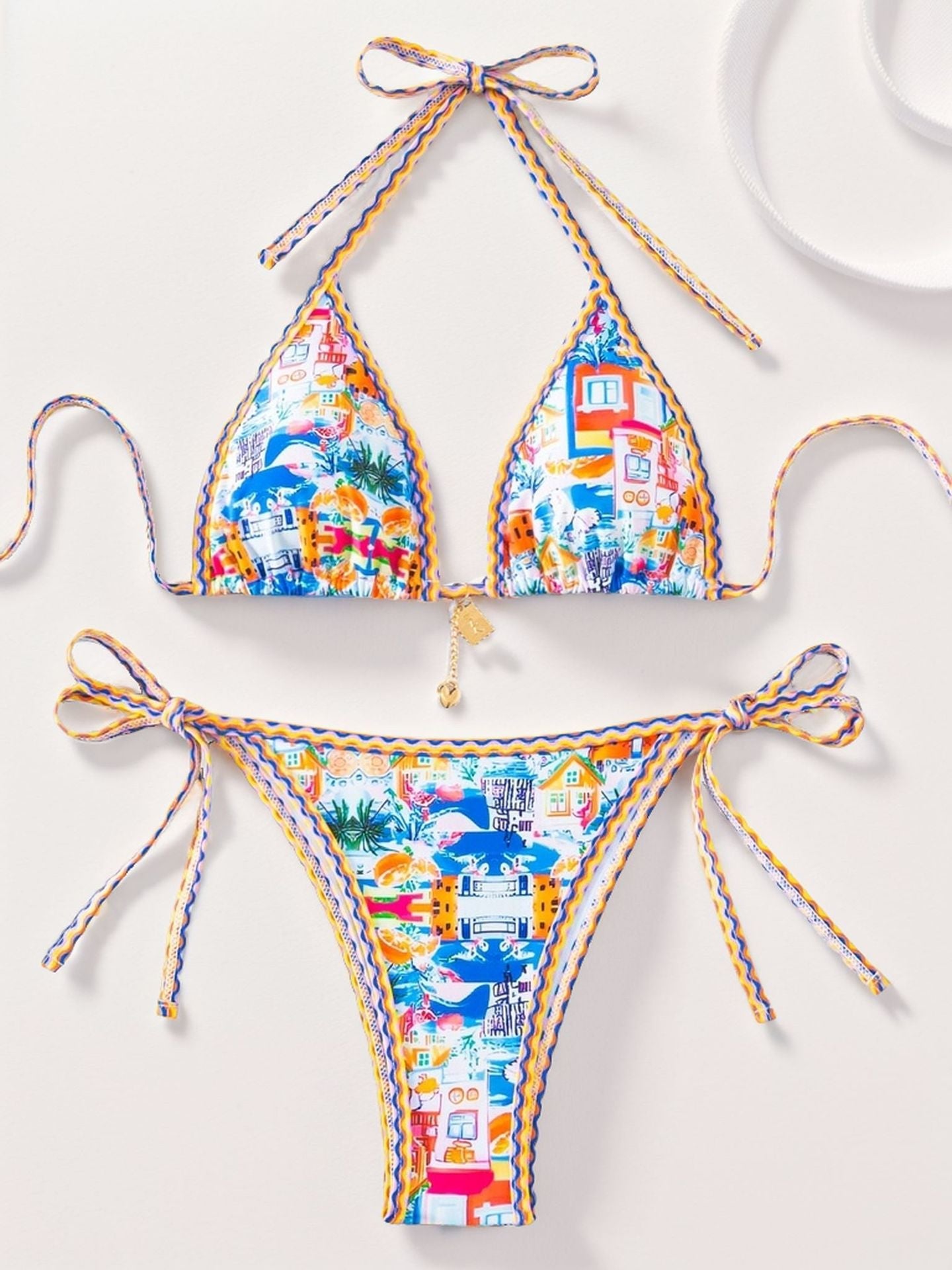 Contrasting Print Strap Sexy Bikini Split Swimsuit Batwing Short Sleeve Shirt W Plants Print