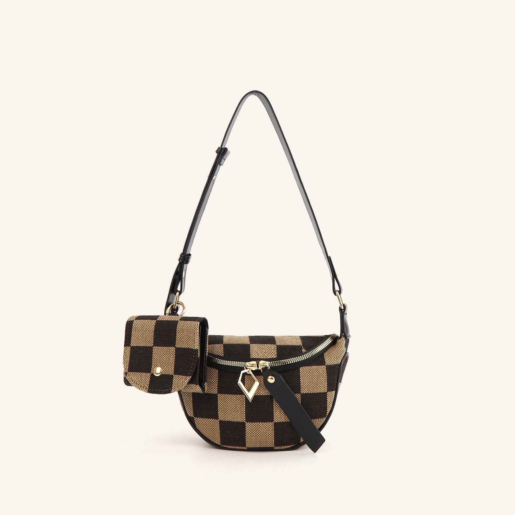 Checkerboard Canvas Crossbody Bag - 2-in-1 Compact Chest Bag & Fanny Pack for Everyday Commute